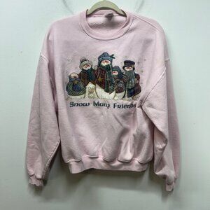 Vintage Jerzees Pink Snowman Sweatshirt L "Snow Many Friends" 50/50 Cotton Poly